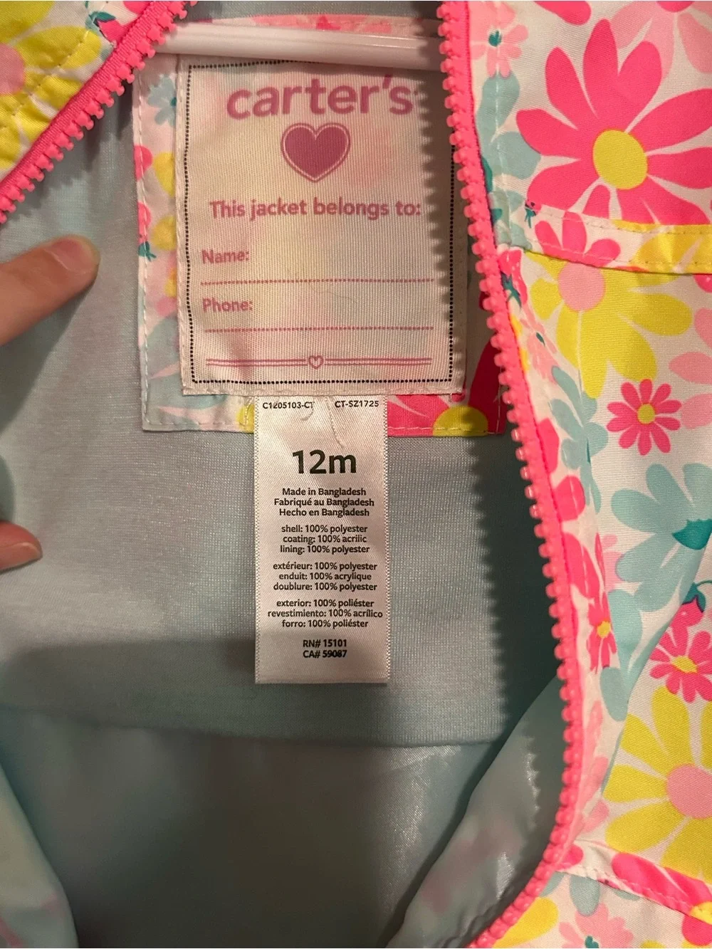 Carter’s 12 M Girls Floral Waterproof Hooded Jacket - Pink Multi